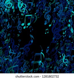 Round Frame of Musical Symbols. Abstract Background with Notes, Bass and Treble Clefs. Vector Element for Musical Poster, Banner, Advertising, Card. Minimalistic Simple Background.