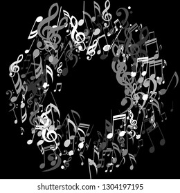 Round Frame of Musical Symbols. Abstract Background with Notes, Bass and Treble Clefs. Vector Element for Musical Poster, Banner, Advertising, Card. Minimalistic Simple Background.