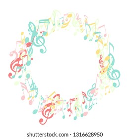 Round Frame of Musical Symbols. Abstract Background with Notes, Bass and Treble Clefs. Vector Element for Musical Poster, Banner, Advertising, Card. Minimalistic Simple Background.