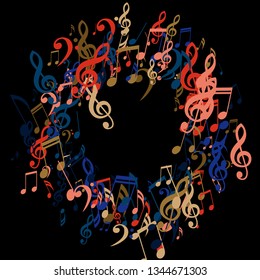 Round Frame of Musical Symbols. Abstract Background with Notes, Bass and Treble Clefs. Vector Element for Musical Poster, Banner, Advertising, Card. Minimalistic Simple Background.