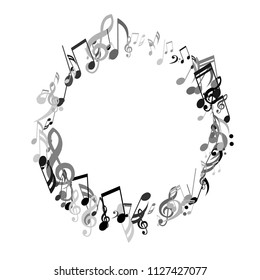 Round Frame of Musical Symbols. Creative Background with Notes, Bass and Treble Clefs. Vector Element for Musical Poster, Banner, Advertising, Card. Minimalistic Simple Background.