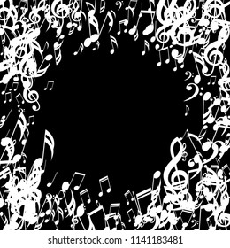 Round Frame of Musical Symbols. Creative Background with Notes, Bass and Treble Clefs. Vector Element for Musical Poster, Banner, Advertising, Card. Minimalistic Simple Background.