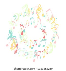 Round Frame of Musical Symbols. Creative Background with Notes, Bass and Treble Clefs. Vector Element for Musical Poster, Banner, Advertising, Card. Minimalistic Simple Background.
