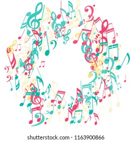 Round Frame of Musical Symbols. Creative Background with Notes, Bass and Treble Clefs. Vector Element for Musical Poster, Banner, Advertising, Card. Minimalistic Simple Background.