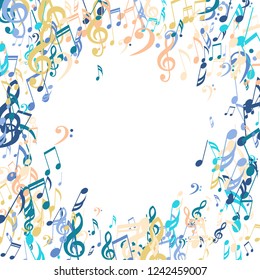 Round Frame of Musical Symbols. Creative Background with Notes, Bass and Treble Clefs. Vector Element for Musical Poster, Banner, Advertising, Card. Minimalistic Simple Background.