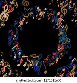 Round Frame of Musical Symbols. Creative Background with Notes, Bass and Treble Clefs. Vector Element for Musical Poster, Banner, Advertising, Card. Minimalistic Simple Background.