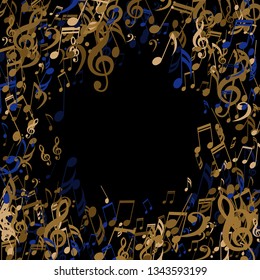 Round Frame of Musical Symbols. Creative Background with Notes, Bass and Treble Clefs. Vector Element for Musical Poster, Banner, Advertising, Card. Minimalistic Simple Background.