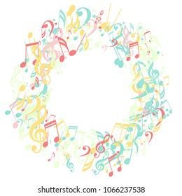Round Frame of Musical Symbols. Modern Background with Notes, Bass and Treble Clefs. Vector Element for Musical Poster, Banner, Advertising, Card. Minimalistic Simple Background.