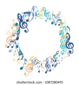 Round Frame of Musical Symbols. Modern Background with Notes, Bass and Treble Clefs. Vector Element for Musical Poster, Banner, Advertising, Card. Minimalistic Simple Background.