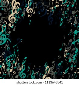 Round Frame of Musical Symbols. Modern Background with Notes, Bass and Treble Clefs. Vector Element for Musical Poster, Banner, Advertising, Card. Minimalistic Simple Background.