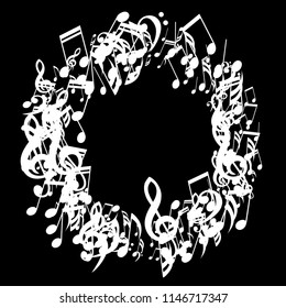 Round Frame of Musical Symbols. Modern Background with Notes, Bass and Treble Clefs. Vector Element for Musical Poster, Banner, Advertising, Card. Minimalistic Simple Background.