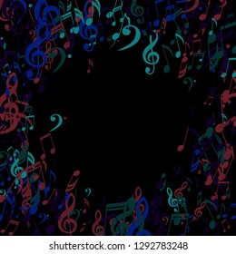 Round Frame of Musical Symbols. Modern Background with Notes, Bass and Treble Clefs. Vector Element for Musical Poster, Banner, Advertising, Card. Minimalistic Simple Background.