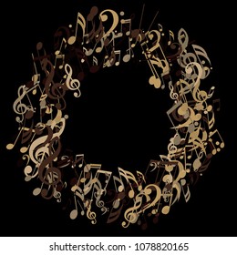 Round Frame of Musical Symbols. Trendy Background with Notes, Bass and Treble Clefs. Vector Element for Musical Poster, Banner, Advertising, Card. Minimalistic Simple Background.