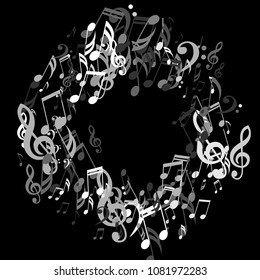 Round Frame of Musical Symbols. Trendy Background with Notes, Bass and Treble Clefs. Vector Element for Musical Poster, Banner, Advertising, Card. Minimalistic Simple Background.