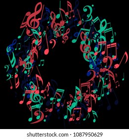 Round Frame of Musical Symbols. Trendy Background with Notes, Bass and Treble Clefs. Vector Element for Musical Poster, Banner, Advertising, Card. Minimalistic Simple Background.
