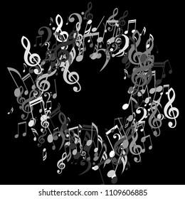 Round Frame of Musical Symbols. Trendy Background with Notes, Bass and Treble Clefs. Vector Element for Musical Poster, Banner, Advertising, Card. Minimalistic Simple Background.