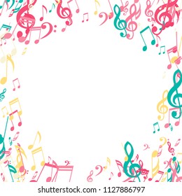 Round Frame of Musical Symbols. Trendy Background with Notes, Bass and Treble Clefs. Vector Element for Musical Poster, Banner, Advertising, Card. Minimalistic Simple Background.