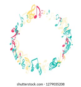 Round Frame of Musical Symbols. Trendy Background with Notes, Bass and Treble Clefs. Vector Element for Musical Poster, Banner, Advertising, Card. Minimalistic Simple Background.