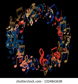 Round Frame of Musical Symbols. Trendy Background with Notes, Bass and Treble Clefs. Vector Element for Musical Poster, Banner, Advertising, Card. Minimalistic Simple Background.