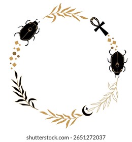 Quadro redondo em estilo mitológico do antigo egito com besouros escaravelhos pretos, ankh, lua crescente e ramo dourado para cartão de saudação.