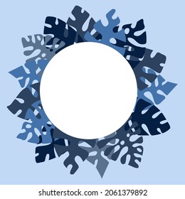 Round frame nameplate with tropical leaves monstera palm, vector illustration