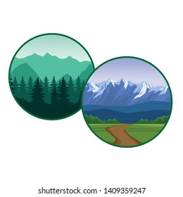 Round frame nature landscape double road trail trees forest mountains vector illustration graphic design