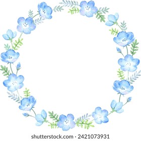 Round frame of nemophila painted by watercolor