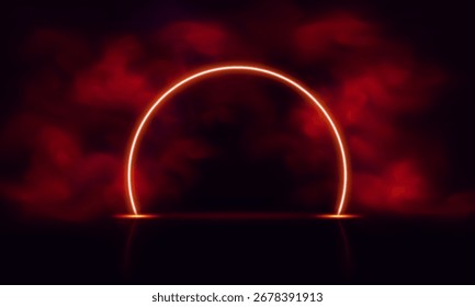 Redondo quadro, néon, brilhante, com efeito de fumaça vermelha e reflexão sobre fundo isolado preto. Portão em arco, portal mágico, entrada. Futurismo, design divertido. Ilustração vetorial.
