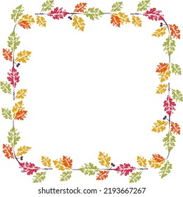 Round frame of oak leaf stamp. Imprint of fallen leaves. Autumn pattern. Creative natural decor. Hand-crafted vector art prints. Seasonal modern packaging.