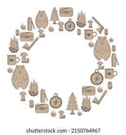 Round frame of objects on the theme of tourism and hiking. vector illustration