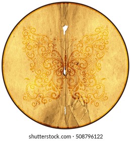 Round frame from old paper with brown trim and translucent butterfly on white background. Isolated. Vector eps10