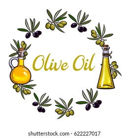 Round frame of olive branches and oil bottles with place for text, sketch vector illustration isolated on white background. Hand drawn olive oil round frame with place for text, bottles and branches