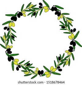 Round frame of olives on white background of Black and green berries.