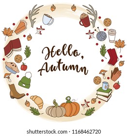 a round frame on the autumn theme with the inscription "hello autumn"