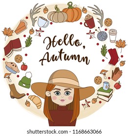 a round frame on an autumn theme with the inscription "hello autumn" with a painted red-haired girl in a hat