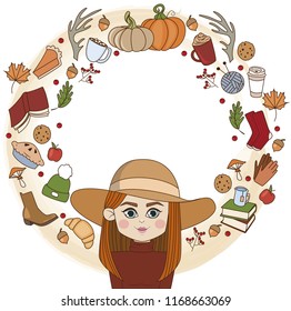 round frame on an autumn theme with a painted red-haired girl in a hat