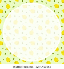 Round frame on background of seamless pattern with quince fruit whole. Exotic fruit. Ornament for social network page decoration. Design element. Vector