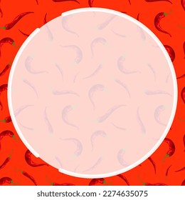 Marco redondo sobre el fondo de un patrón sin soldadura con pimienta roja caliente para los platos mexicanos. Pimienta picante. Ornamento para la decoración de páginas de redes sociales. Elemento de diseño. Vector