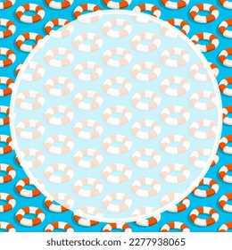 Round frame on background of seamless pattern with red white life buoy. Ornament for social network page decoration. Design element. Vector