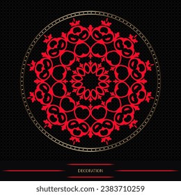 Round frame on black background, workpiece for your design. Decorative ornamental elements and motifs for round plate, decor, textile and print design. 