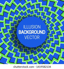 Round frame on blue green optical illusion background of moving shapes.