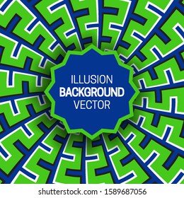 Round frame on green blue optical illusion hypnotic background of rotating spiral broken striped pattern.