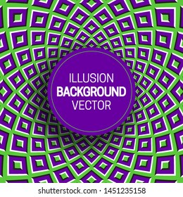 Round frame on green purple optical illusion background of moving squares shapes.