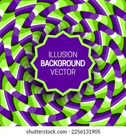 Round frame on optical illusion hypnotic background of rotating warped colorful stripes.