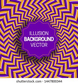 Round frame on orange purple optical illusion background of moving zigzag stripes.