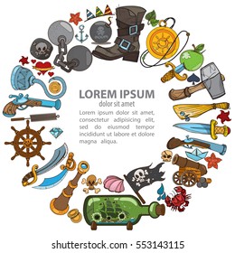 The round frame on the pirate theme. Hilarious characters in cartoon style for design of children's games and a variety of goods.