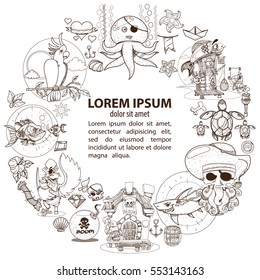 The round frame on the pirate theme. Hilarious characters in cartoon style for design of children's games and a variety of goods.