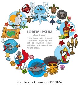 The round frame on the pirate theme. Hilarious characters in cartoon style for design of children's games and a variety of goods.