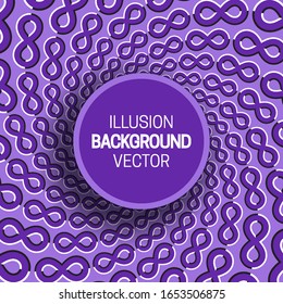 Round frame on purple optical illusion hypnotic background of rotating infinity symbols pattern.