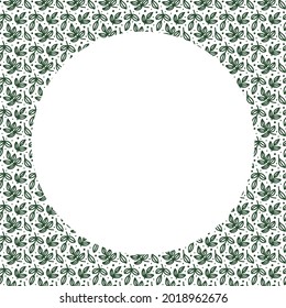 Round frame on square Floral background, green Leaves seamless pattern. Vector layout template with tree Branches. Copy space. Poster, banner for natural cosmetic shop, invitation, greeting card